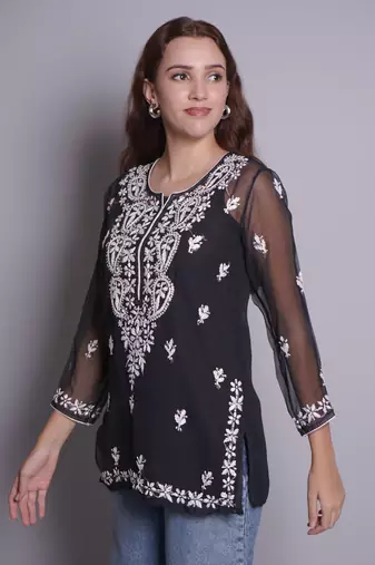 Black georgette lucknowi chikankari top with slip
