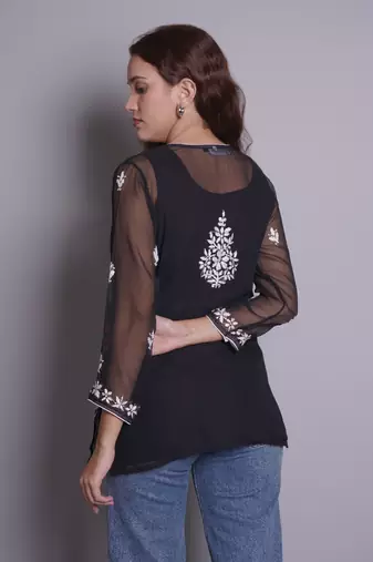 Black georgette lucknowi chikankari top with slip