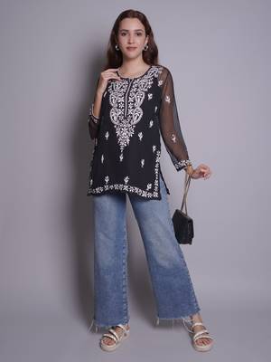 Black georgette lucknowi chikankari top with slip 5