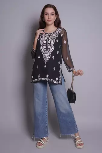 Black georgette lucknowi chikankari top with slip