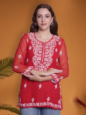 Red georgette lucknowi chikankari top with slip 1