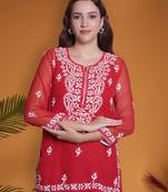 Red georgette lucknowi chikankari top with slip