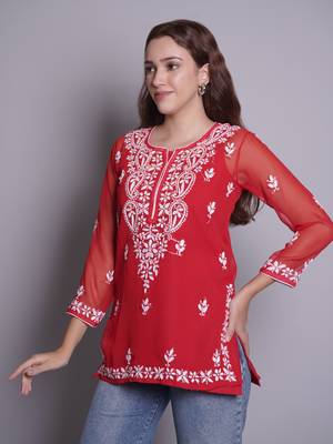 Red georgette lucknowi chikankari top with slip 2