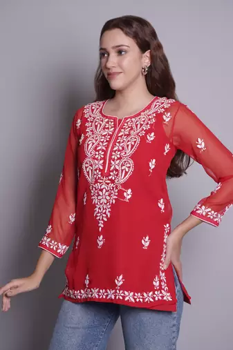 Red georgette lucknowi chikankari top with slip