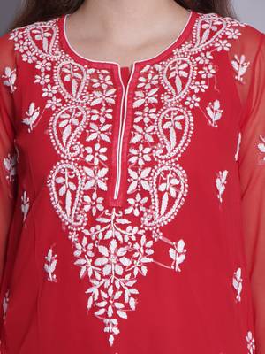 Red georgette lucknowi chikankari top with slip 3