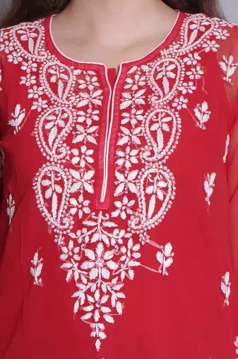 Red georgette lucknowi chikankari top with slip