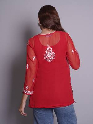 Red georgette lucknowi chikankari top with slip 4