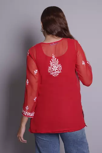 Red georgette lucknowi chikankari top with slip