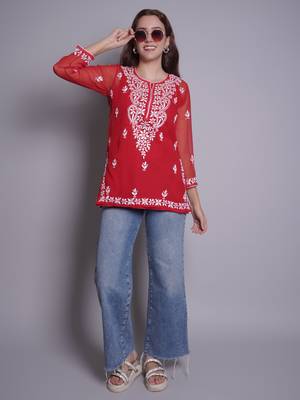 Red georgette lucknowi chikankari top with slip 5