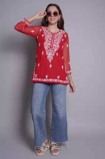 Red georgette lucknowi chikankari top with slip