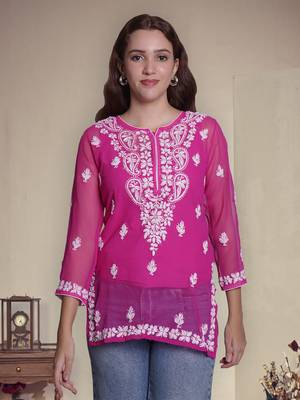 Magenta georgette lucknowi chikankari top with slip 1