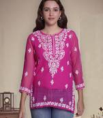 Magenta georgette lucknowi chikankari top with slip