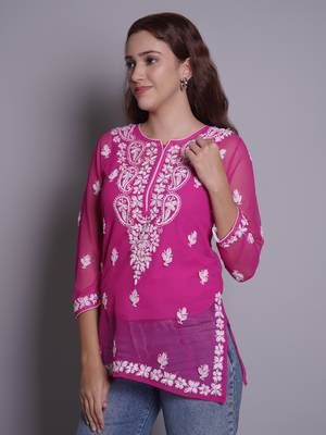 Magenta georgette lucknowi chikankari top with slip 2
