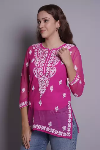 Magenta georgette lucknowi chikankari top with slip