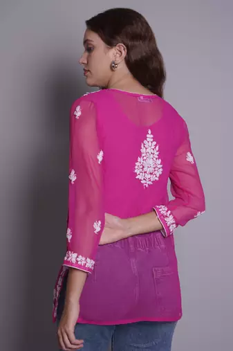 Magenta georgette lucknowi chikankari top with slip
