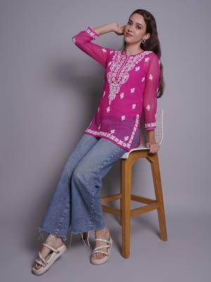 Magenta georgette lucknowi chikankari top with slip 5