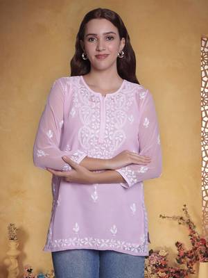 Pink georgette lucknowi chikankari top with slip 1