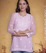 Pink georgette lucknowi chikankari top with slip