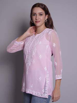Pink georgette lucknowi chikankari top with slip 2