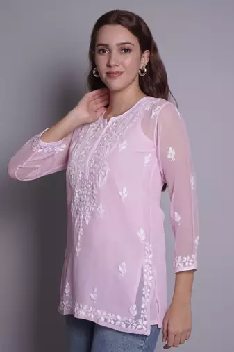 Pink georgette lucknowi chikankari top with slip