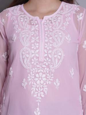 Pink georgette lucknowi chikankari top with slip 3