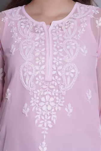 Pink georgette lucknowi chikankari top with slip