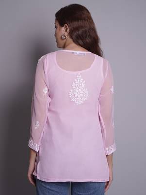 Pink georgette lucknowi chikankari top with slip 4
