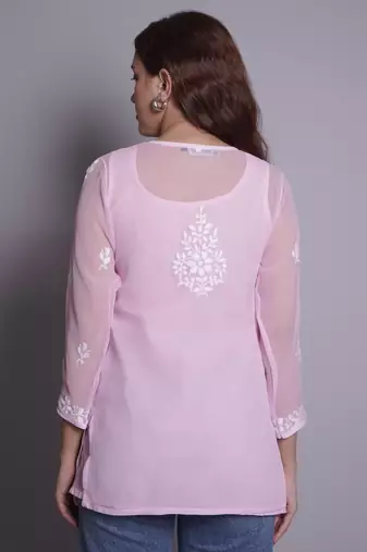 Pink georgette lucknowi chikankari top with slip