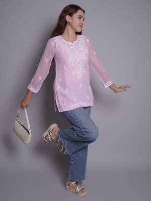 Pink georgette lucknowi chikankari top with slip 5