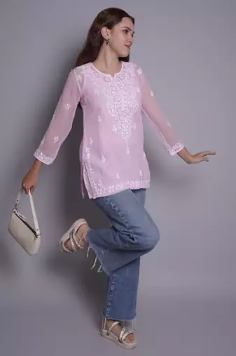 Pink georgette lucknowi chikankari top with slip