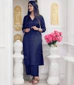Women Plain Rayon V neck Blue kurta pant set