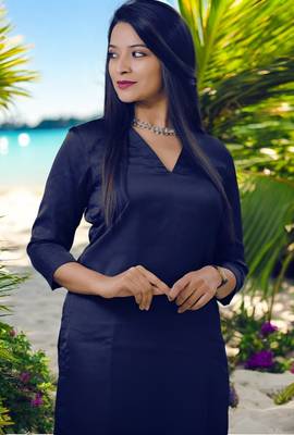 Women Plain Rayon V neck Blue kurta pant set 2