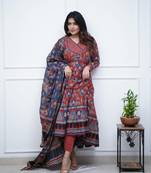 ISTOCAN  PURE COTTON  AJRAKH PRINT MULTICOLORED ANARKALI KURTI PANT DUPPTA SET