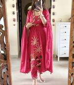 Rani Pink Embroidered V Neck Indian Nayra Cut Salwar Kameez Kurti Pant Dupatta Suit Set for Women