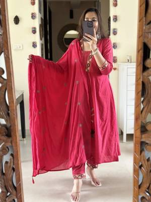 Rani Pink Embroidered V Neck Indian Nayra Cut Salwar Kameez Kurti Pant Dupatta Suit Set for Women 4