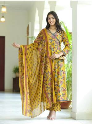 Mustard Yellow Women Floral Angrakha Frock Style Anarkali Kurta Kurti Pant Dupatta Set Gown Dress 1