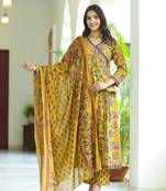 Mustard Yellow Women Floral Angrakha Frock Style Anarkali Kurta Kurti Pant Dupatta Set Gown Dress