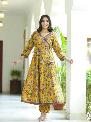 Mustard Yellow Women Floral Angrakha Frock Style Anarkali Kurta Kurti Pant Dupatta Set Gown Dress 2