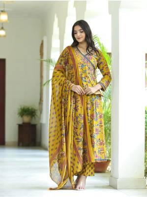 Mustard Yellow Women Floral Angrakha Frock Style Anarkali Kurta Kurti Pant Dupatta Set Gown Dress 3