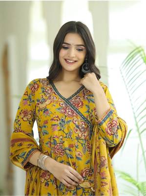 Mustard Yellow Women Floral Angrakha Frock Style Anarkali Kurta Kurti Pant Dupatta Set Gown Dress 4