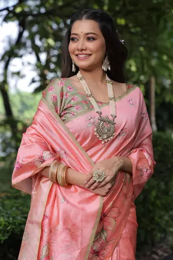 Pink soft tussar silk blend printed saree festive wear