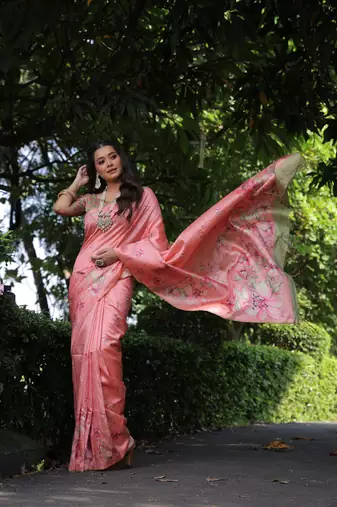 Pink soft tussar silk blend printed saree festive wear