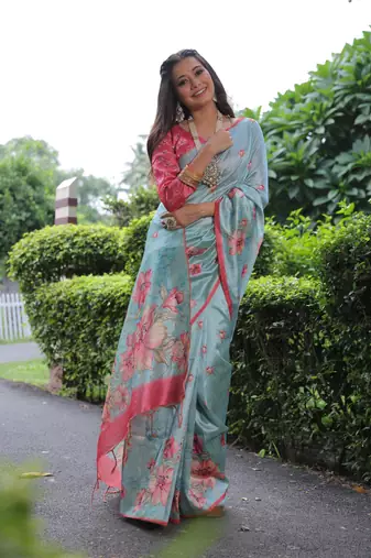 Sky soft tussar silk blend printed saree festive wear