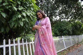 Baby pink soft tussar silk blend printed saree festive wear 4