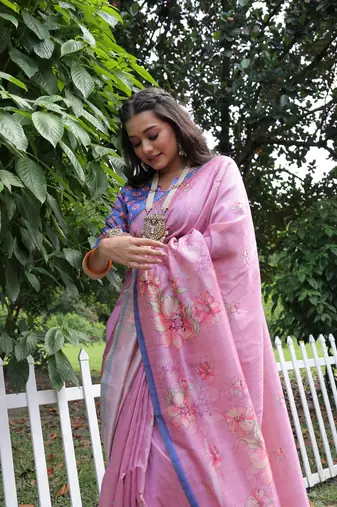 Baby pink soft tussar silk blend printed saree festive wear