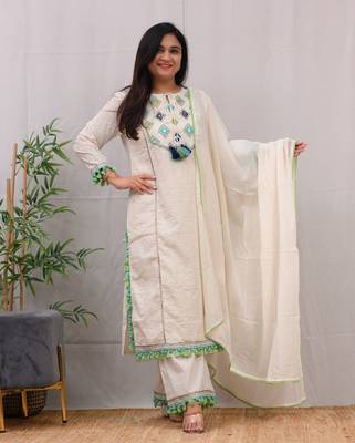 Ivory Schiffli Embroidered Indian Straight Salwar Kameez Kurti Pant Dupatta Set Online Kurta Set for Women 1