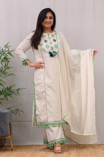 Ivory Schiffli Embroidered Indian Straight Salwar Kameez Kurti Pant Dupatta Set Online Kurta Set for Women