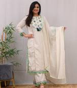 Ivory Schiffli Embroidered Indian Straight Salwar Kameez Kurti Pant Dupatta Set Online Kurta Set for Women