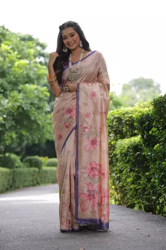 Peach soft tussar silk blend printed saree festive wear