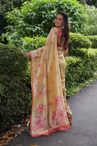 Yellow soft tussar silk blend printed saree festive wear